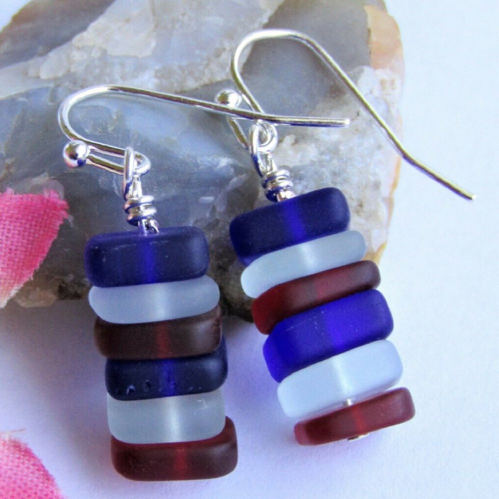 Stacked Red Blue & White SEA GLASS Pebble Earrings